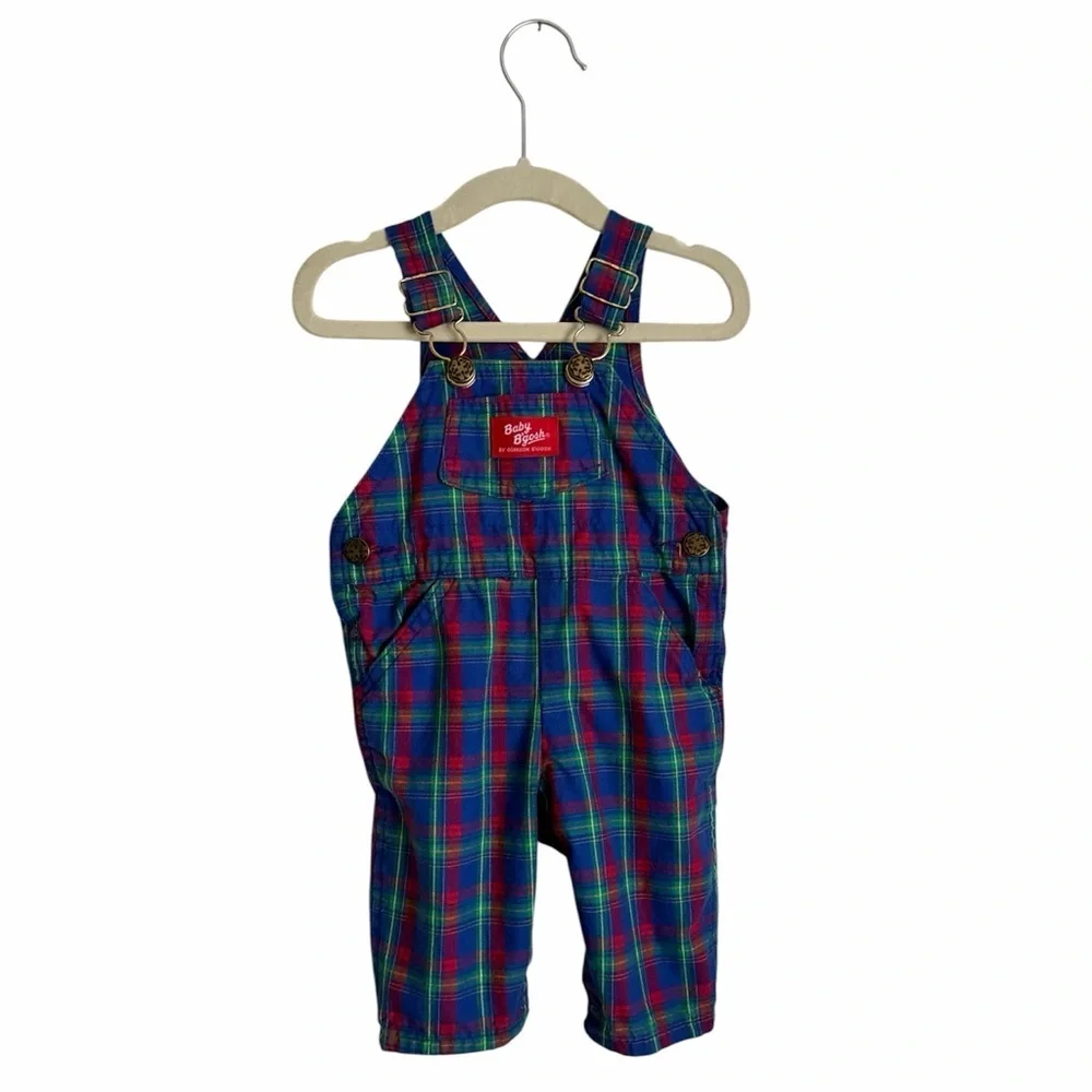 OshKosh B’Gosh Vintage Baby B’Gosh Cotton Plaid Overalls 3-6 Mos Blue Red Green